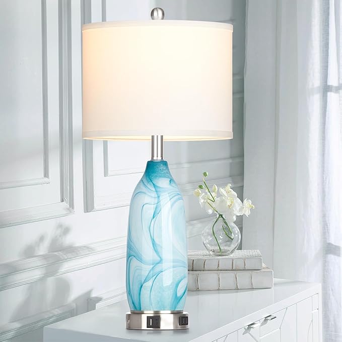 26" Coastal Table Lamps Set of 2, Modern Table Lamps with USB A+C Ports & AC Outlet, Touch Control Glass Bedside Nightstand Lamp with Night Light for Living Room Bedroom End Table Blue(Bulbs Included) - LeafyLoom