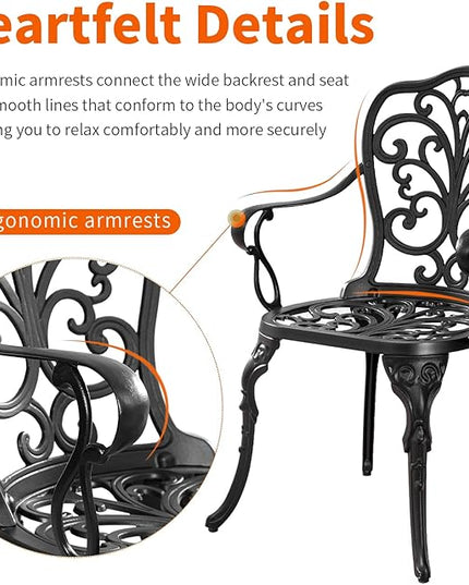 Bistro Table and Chairs Set of 2 Outdoor 3 Piece Bistro Sets Cast Aluminum Patio Bistro Set with Umbrella Hole, Patio Set for Garden, Black - LeafyLoom