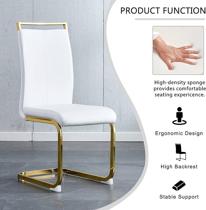 Modern Dining Chairs Set of 4, Side Dining Room Chairs with Golden Legs, Kitchen Chairs with Faux Leather Padded Seat High Back, Chairs for Dining Room,Kitchen, Living Room White - LeafyLoom
