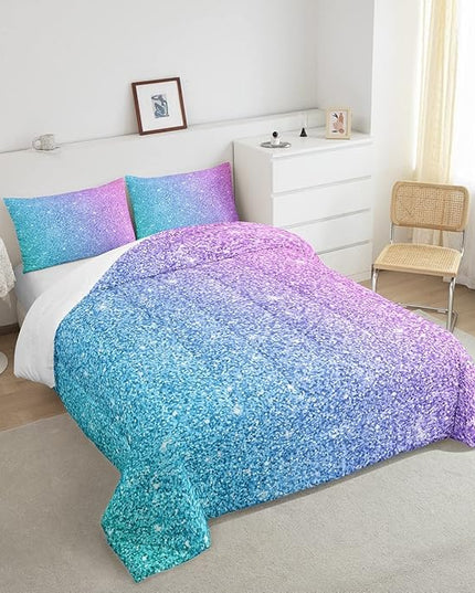 Colorful Glitter Bedding King Girly Turquoise Teal Blue Pink Pastel Girls Comforter Set 3 Pcs Trendy Quilt Duvet for Kid Women Down Comforter with Sparkle Sequin Pattern Bling Bedroom Decor Bed Cover - LeafyLoom