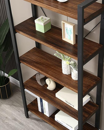 5 Tier Bookcase, Solid Rustic Industrial Etagere Bookcase, Metal and Wood Free Vintage Bookshelf, Retro Brown (Real Wood) (5-Tier) - LeafyLoom