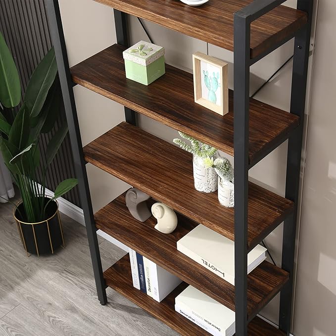 5 Tier Bookcase, Solid Rustic Industrial Etagere Bookcase, Metal and Wood Free Vintage Bookshelf, Retro Brown (Real Wood) (5-Tier) - LeafyLoom