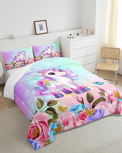 Cartoon Unicorn Kids Comforter Set Queen Size,Rose Flowers Butterfly Leaves Bedding Set,Girls Women Room Decor,Starry Sky Unicorn Cute Down Comforter,Pink Purple Romantic Duvet Insert,2 Pillowcases - LeafyLoom