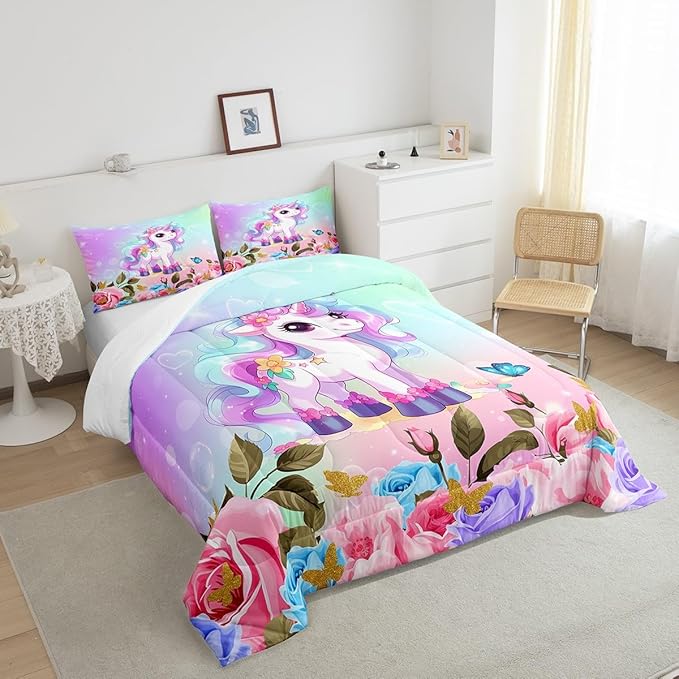 Cartoon Unicorn Kids Comforter Set Queen Size,Rose Flowers Butterfly Leaves Bedding Set,Girls Women Room Decor,Starry Sky Unicorn Cute Down Comforter,Pink Purple Romantic Duvet Insert,2 Pillowcases - LeafyLoom