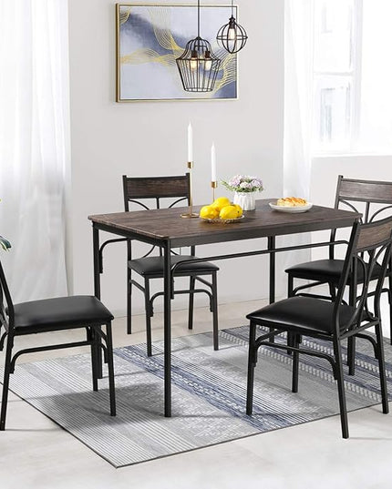 VECELO 5 Piece Kitchen Room Chairs Set for Home, Dinette, Breakfast Nook, Farmhouse, Small Space, Dining Table for 4, Dark Brown - LeafyLoom