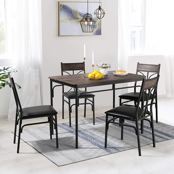 VECELO 5 Piece Kitchen Room Chairs Set for Home, Dinette, Breakfast Nook, Farmhouse, Small Space, Dining Table for 4, Dark Brown - LeafyLoom