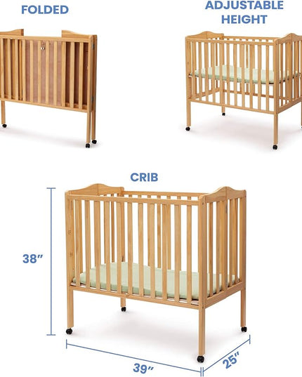 Delta Children Folding Portable Mini Baby Crib with 1.5-inch Mattress - Greenguard Gold Certified, Natural - LeafyLoom