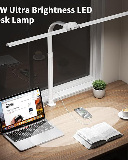 Led Desk Lamp with USB Charging Port Architect Task Dual Lamps for Home Office with Atmosphere Lighting, 24W Ultra Bright Modern Flexible Gooseneck Tall Table Light 5 Color Modes for Drafting Reading - LeafyLoom