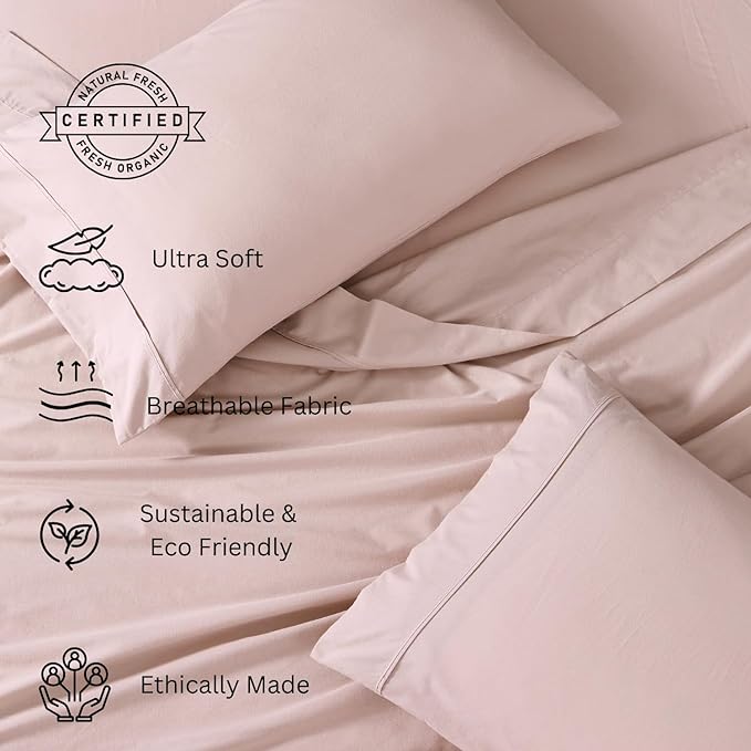 LANE LINEN Queen Bed Sheets Set - 100% Organic Cotton Sheets Queen Size, 4Pc Queen Bed Sheet, Hotel Luxury Bed Sheets Set, Breathable Sheets queen size bed set deep pockets upto 15" - Dusty Rose - LeafyLoom