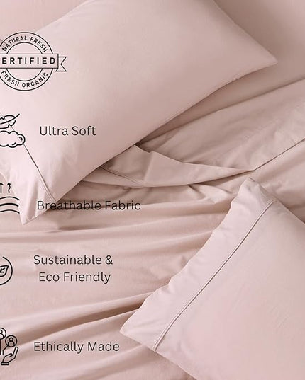 Lane Linen King Size Bed Sheets - 100% Organic Cotton King Sheets, 4Pc Soft Percale Sheets King Size, Hotel Luxury Bed Sheets King Size, 15" Deep Pocket King Sitted Sheet, Oeko-Tex Sheets - Dusty Rose - LeafyLoom
