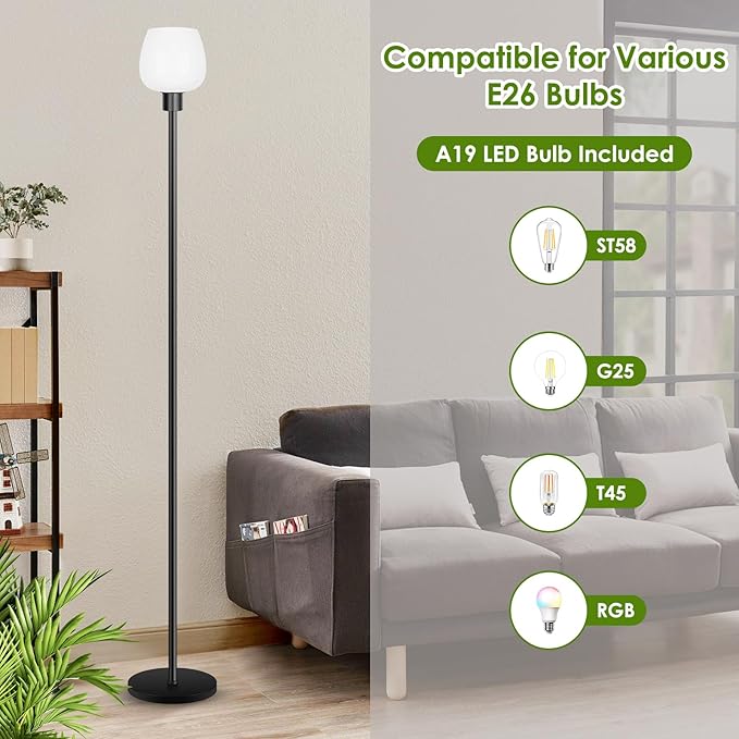 Floor Lamp for Living Room with 3 Color Temperatures, Standing Lamp with White Opal Glass Lampshade, Modern Tall Lamp with Foot Switch, Pole Lamp for Office Bedroom Dining Room, 9W LED Bulb Included - LeafyLoom