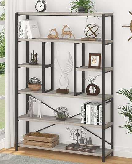 LVB Industrial 6 Tier Bookshelf, Large Tall Open Rustic Vintage Etagere Bookcase, Gray Big Wide Modern Farmhouse Wood and Metal Book Shelf for Home Bedroom Living Room Office Storage, Light Grey Oak - LeafyLoom