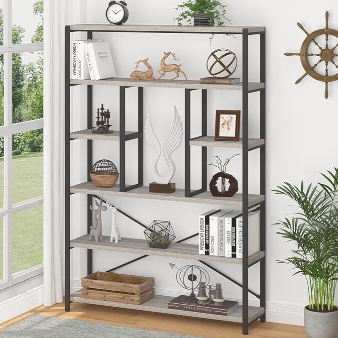 LVB Industrial 6 Tier Bookshelf, Large Tall Open Rustic Vintage Etagere Bookcase, Gray Big Wide Modern Farmhouse Wood and Metal Book Shelf for Home Bedroom Living Room Office Storage, Light Grey Oak - LeafyLoom