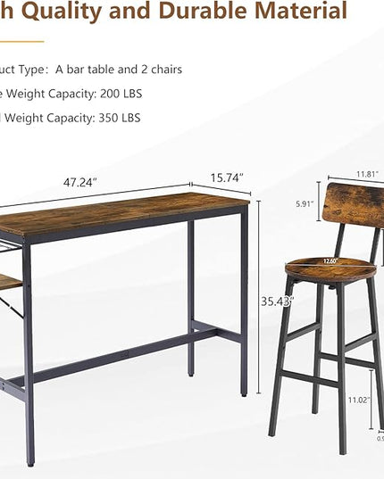 Bar Table and 2 Chairs Set, Industrial Style 3 Pieces Pub Dining Table Set with Collapsible Bottle Holder, 2 Bar Stools with Backrest for Kitchen, Apartment, Small Space - LeafyLoom
