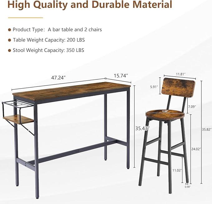 Bar Table and 2 Chairs Set, Industrial Style 3 Pieces Pub Dining Table Set with Collapsible Bottle Holder, 2 Bar Stools with Backrest for Kitchen, Apartment, Small Space - LeafyLoom
