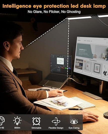 Led Desk Lamp for Office Home - Eye Caring Architect lamp with Clamp,Dual Screen Computer Monitor Gooseneck Smart Light: 24W 5 Color Flexible Adjustable Lighting Table Lamp for Study Drafting - LeafyLoom