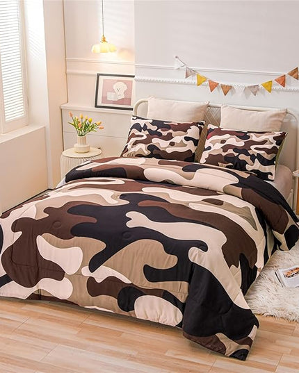 Meeting Story Camouflage Bedding Set, Colorful Pattern Style Queen Comforter Set, 3 PCS One Comforter and Two Pillowcases in One Bag, All Season Bedspread for Kids Teens Adults (Coffee, Twin) - LeafyLoom