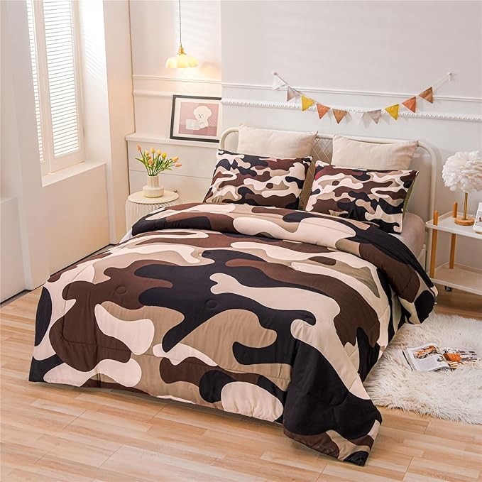 Meeting Story Camouflage Bedding Set, Colorful Pattern Style Queen Comforter Set, 3 PCS One Comforter and Two Pillowcases in One Bag, All Season Bedspread for Kids Teens Adults (Coffee, Twin) - LeafyLoom