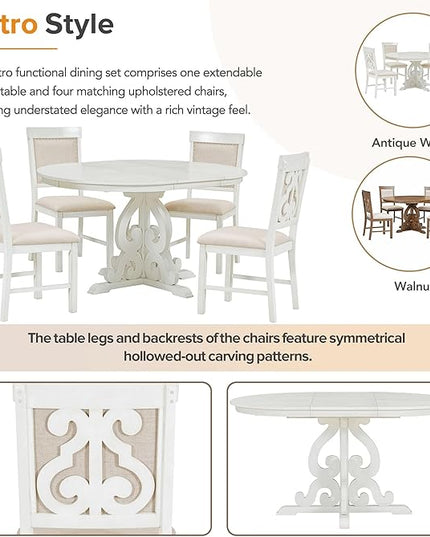 5-Piece Retro Functional Dining Set, Included Solid Wooden Extendable Table with a 16-inch Leaf and 4 Upholstered Chairs for Kitchen, Living Room, Home Bar, Antique White - LeafyLoom