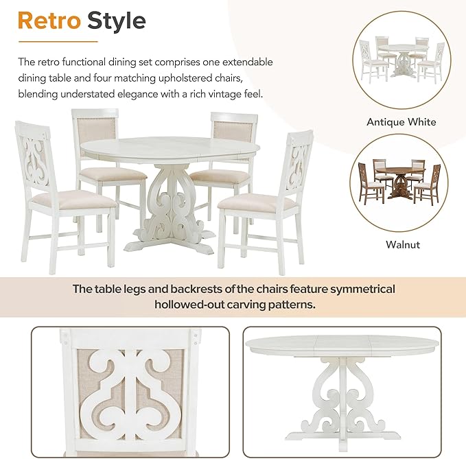 5-Piece Retro Functional Dining Set, Included Solid Wooden Extendable Table with a 16-inch Leaf and 4 Upholstered Chairs for Kitchen, Living Room, Home Bar, Antique White - LeafyLoom