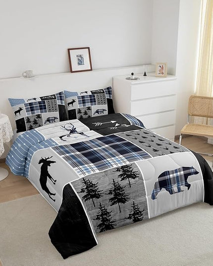 Rustic Adventure Kids Comforter Set Full Size,Deer Bear Pine Trees Xmas Bedding Set for Boys Girls Adults Room Decor,Plaids Arrows Wooden Patchwork Down Comforter,Blue Duvet Insert,2 Pillowcases - LeafyLoom