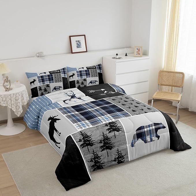 Rustic Adventure Kids Comforter Set Full Size,Deer Bear Pine Trees Xmas Bedding Set for Boys Girls Adults Room Decor,Plaids Arrows Wooden Patchwork Down Comforter,Blue Duvet Insert,2 Pillowcases - LeafyLoom