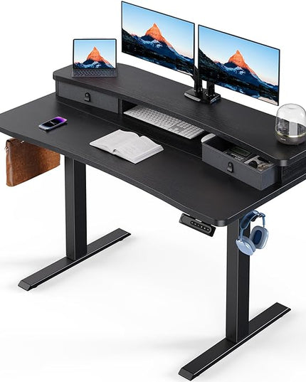 HUANUO 48″ x 24″ Electric Standing Desk with 2 Drawers, C-Clamp Mount Compatible, Height Adjustable Computer Desk, Home Office Stand Up Desk with 4 Preset Heights & 2 Hooks, Black - LeafyLoom
