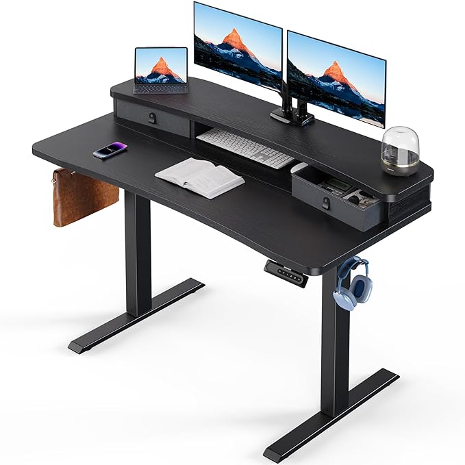 HUANUO 48″ x 24″ Electric Standing Desk with 2 Drawers, C-Clamp Mount Compatible, Height Adjustable Computer Desk, Home Office Stand Up Desk with 4 Preset Heights & 2 Hooks, Black - LeafyLoom
