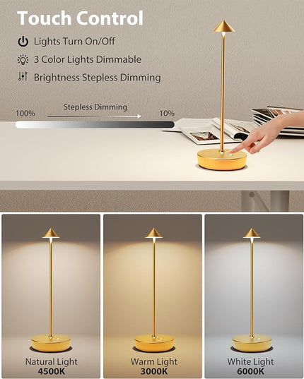 Cordless Table Lamps Rechargeable, 6000mAh Battery Operated LED Desk Lamp Outdoor Waterproof Portable Touch Dimmable Table Night Light for Patio Restaurant Dining Home Set of 2 Gold - LeafyLoom