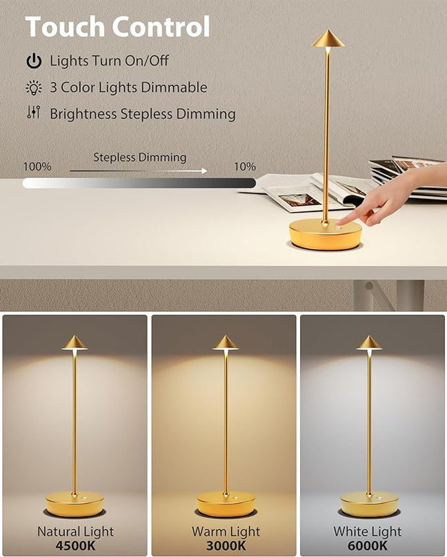 Cordless Table Lamps Rechargeable, 6000mAh Battery Operated LED Desk Lamp Outdoor Waterproof Portable Touch Dimmable Table Night Light for Patio Restaurant Dining Home Gold - LeafyLoom