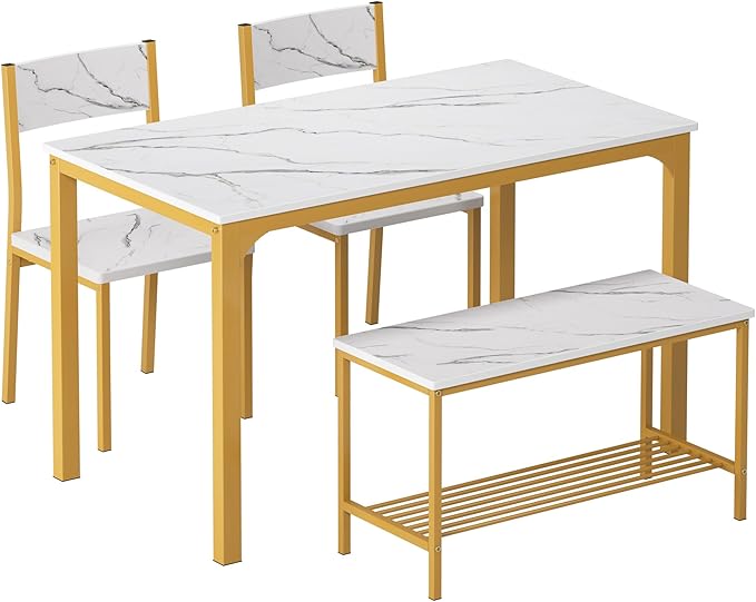 SogesHome Home Kitchen Table Set for 4, Compact Dining Table Chair Set, 4 Pieces Table Chair Bench Set for Small Place, Apartment, Golden - LeafyLoom