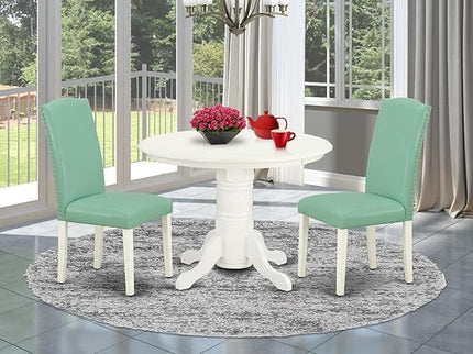 East West Furniture SHEN3-LWH-57 3 Piece Kitchen Set Contains a Round Room Table with Pedestal and 2 Pond Faux Leather Parsons Dining Chairs, 42x42 Inch - LeafyLoom