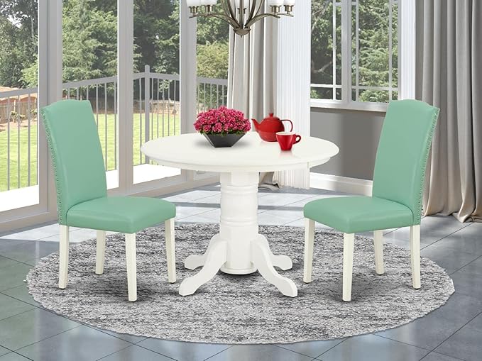 East West Furniture SHEN3-LWH-57 3 Piece Kitchen Set Contains a Round Room Table with Pedestal and 2 Pond Faux Leather Parsons Dining Chairs, 42x42 Inch - LeafyLoom