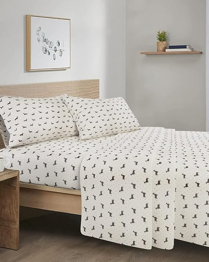 Comfort Spaces Cotton Flannel Breathable Warm, Deep Pocket Sheets with Pillow Case Bedding, Queen, Black Dog 4 Piece - LeafyLoom