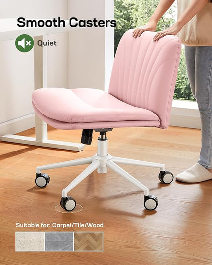 Marsail Armless-Office Desk Chair with Wheels: PU Leather Cross Legged Wide Chair,Comfortable Adjustable Swivel Computer Task Chairs for Home,Office,Make Up,Small Space,Bed Room, Pink - LeafyLoom