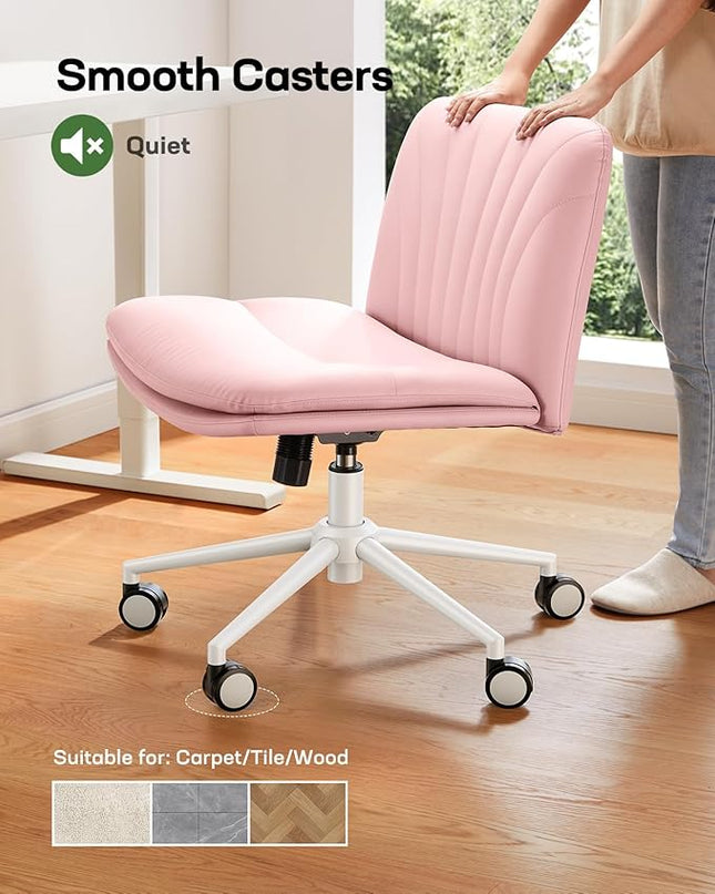 Marsail Armless-Office Desk Chair with Wheels: PU Leather Cross Legged Wide Chair,Comfortable Adjustable Swivel Computer Task Chairs for Home,Office,Make Up,Small Space,Bed Room, Pink - LeafyLoom