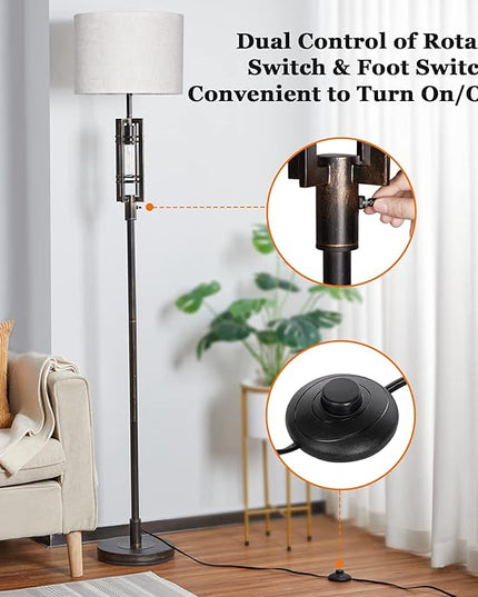 SURAIELEC Farmhouse Floor Lamp with LED Nightlight Bulb, Rustic Tall Lamps for Cabin, Traditional Standing Lamps for Bedroom, Beige Linen Drum Shade, Oil Rubbed Bronze Finish, Foot Switch - LeafyLoom