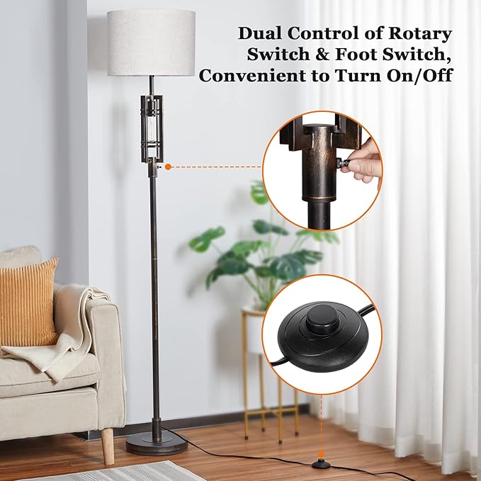 SURAIELEC Farmhouse Floor Lamp with LED Nightlight Bulb, Rustic Tall Lamps for Cabin, Traditional Standing Lamps for Bedroom, Beige Linen Drum Shade, Oil Rubbed Bronze Finish, Foot Switch - LeafyLoom