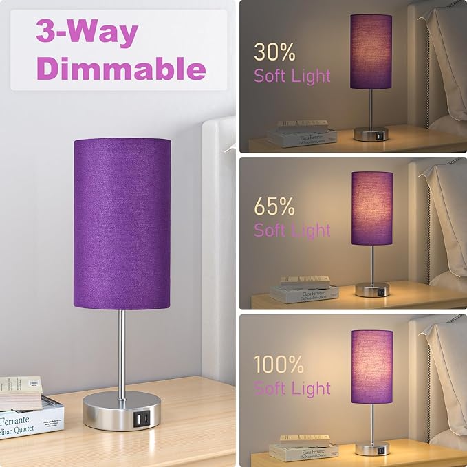 AKASUKI Table Lamp for Bedroom, 3 Way Dimmable Touch Lamp with Dual Charging Station, Small Bedside Lamps for Night Stands, Living Room, Office(LED Bulb Included) - LeafyLoom