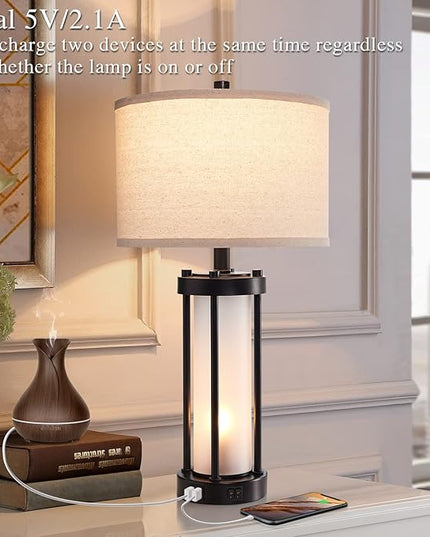 Set of 2 Modern Table Lamps for Living Room with 2 USB Ports, White Frosted Glass Nightlight for Bedroom, Contemporary Desk Lamps for Nightstand End Table Entryway, 4 Bulbs Included (Black) - LeafyLoom