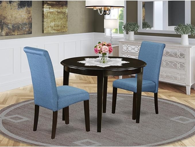 East West Furniture BOBA3-CAP-21 Boston 3 Piece Dinette Set for Small Spaces Contains a Round Kitchen Table and 2 Blue Color Linen Fabric Parson Dining Chairs, Cappuccino, 42x42 Inch - LeafyLoom