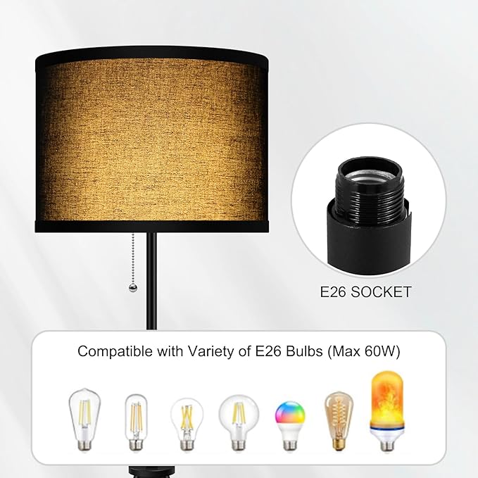BoostArea Floor Lamp for Living Room,59.5" Tripod Floor Lamp, Black Linen Lamp Shade, Mid Century Standing Lamp for Living Room, Bedroom, Study Room and Office（Bulbs Not Included） - LeafyLoom