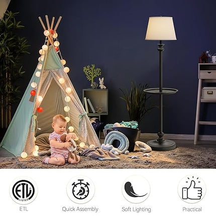DWVO Floor Lamp with Tray, Retro Style 57'' Metal End Floor Lamp with Linen Shade, Weighted Base, and ON/OFF Rotary Switch for Bedroom, Living Room, Office, Study, Office (Bulbs not Included) - LeafyLoom