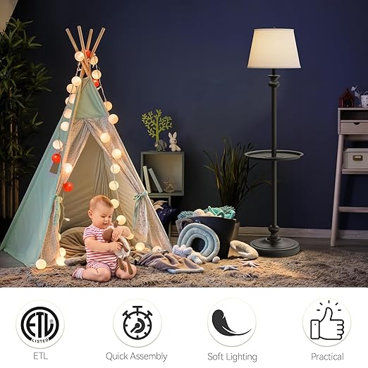 DWVO Floor Lamp with Tray, Retro Style 57'' Metal End Floor Lamp with Linen Shade, Weighted Base, and ON/OFF Rotary Switch for Bedroom, Living Room, Office, Study, Office (Bulbs not Included) - LeafyLoom