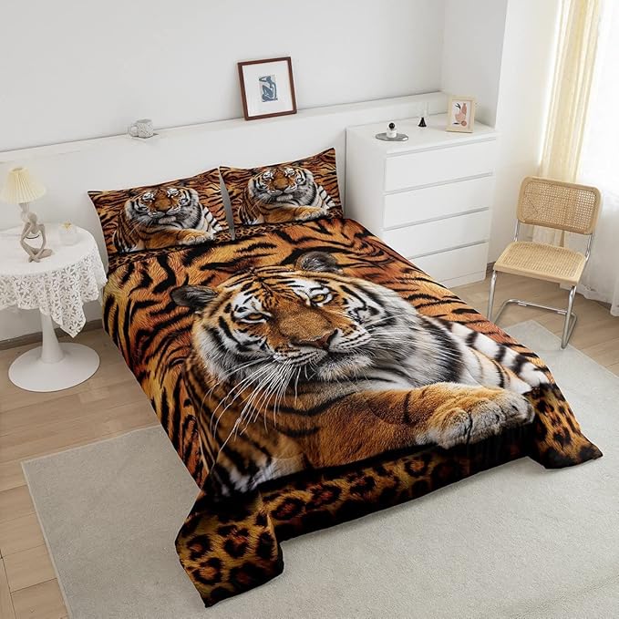 Tiger 3D Print Comforter Set King Size,Wild Animals Bedding Set 3pcs for Kids Teens Adults Bedroom Decor,Abstract Animal Fur Quilt Set Soft Breathable Duvet Insert with 2 Pillowcases,Brown Rustic - LeafyLoom