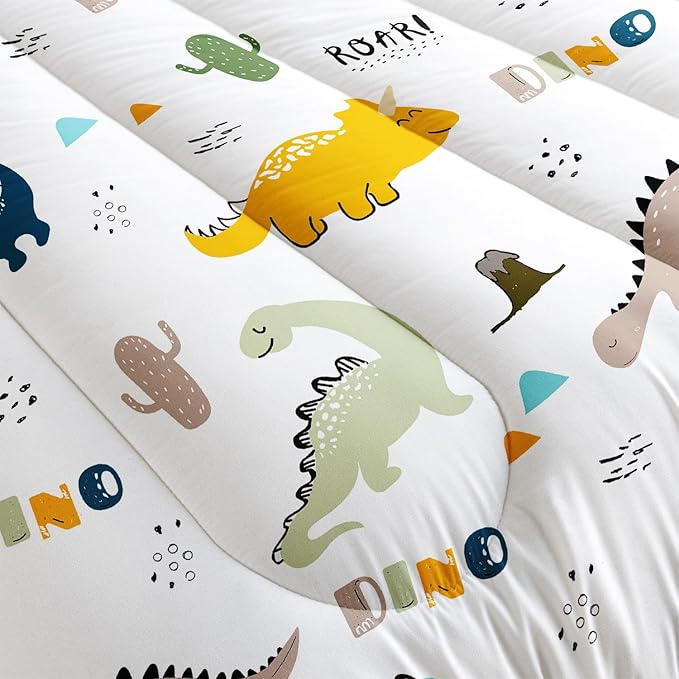 Datura home Dinosaur Comforter Set White Kawaii Dinosaur Printed Quilt Bedding Set with 1 Comforter and 2 Pillowcases for Boys and Girls Bedroom All Season(White Dinosaur Twin) - LeafyLoom