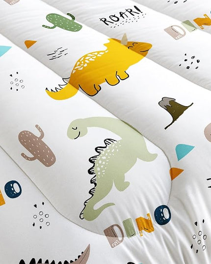 Datura home Dinosaur Comforter Set White Kawaii Dinosaur Printed Quilt Bedding Set with 1 Comforter and 2 Pillowcases for Boys and Girls Bedroom All Season(White Dinosaur Queen) - LeafyLoom