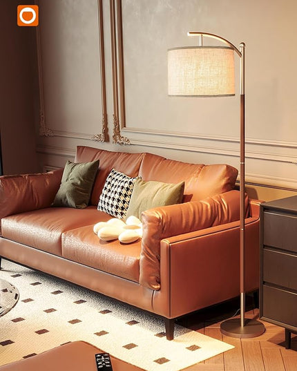 addlon Floor Lamp for Living Room with Remote, Dimmable Standing lamp with Linen lampshade for Bedroom, Office, Lamps with 9W LED Bulb Included - Brown & Nickel with Beige Shade - LeafyLoom