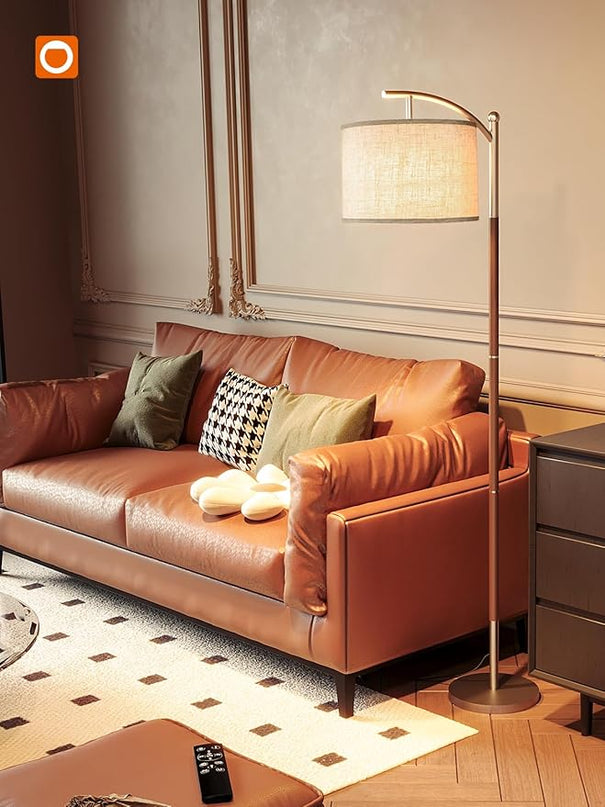 addlon Floor Lamp for Living Room with Remote, Dimmable Standing lamp with Linen lampshade for Bedroom, Office, Lamps with 9W LED Bulb Included - Brown & Nickel with Beige Shade - LeafyLoom
