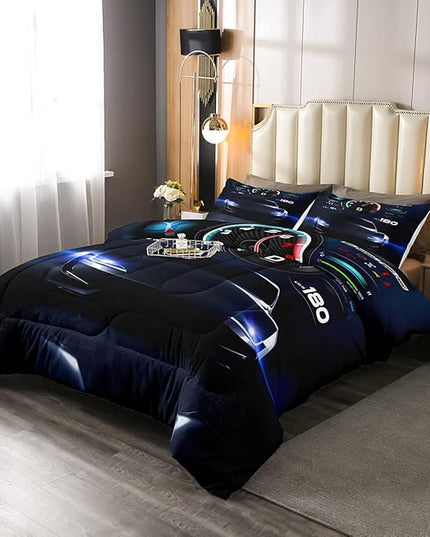 Erosebridal Teens Race Car Comforter Set Twin Size, Kids Cool Speed Racing Car Quilt Set, Extreme Sport Bedding Set for Boys Youth Adult Bedroom, Black Automobile Quilted Duvet for Bedroom - LeafyLoom